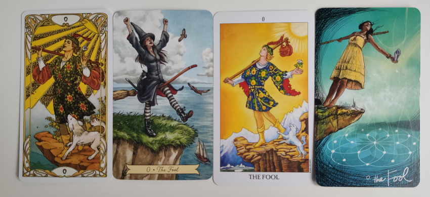 Vier Varianten des Narren aus dem Tarot